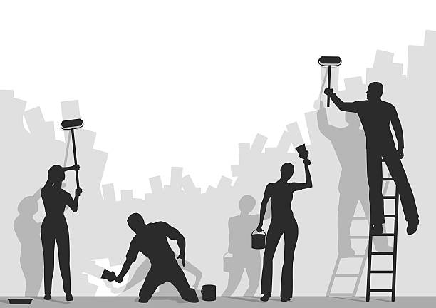 ilustrații de stoc cu siluete și umbre de pictori care pictează un perete - zugrav