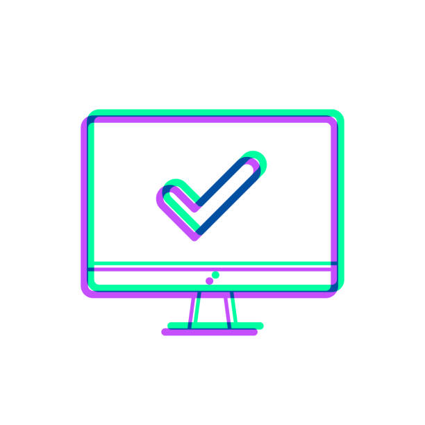 ilustraciones, imágenes clip art, dibujos animados e iconos de stock de computadora de escritorio con marca de verificación. icono con superposición de dos colores sobre fondo blanco - check mark digital composite blue computer icon