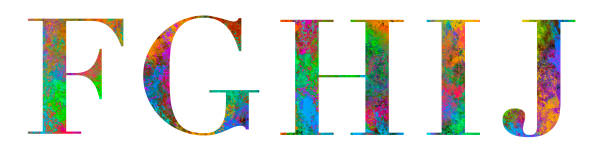 alphabet made of serif letters with multicolored digital painting effect, texture and pattern, upper case letter F, G, H, I, J