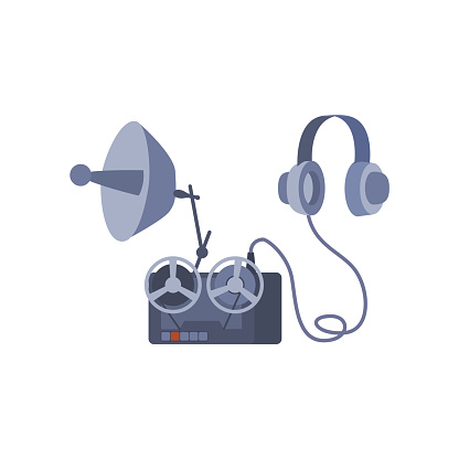 Vector isolated illustration of listening device on white background. Flat echo sounder, headphones and tape recorder. Detective espionage outfit set.