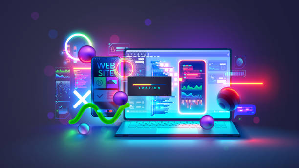 ilustrações de stock, clip art, desenhos animados e ícones de website software development concept. web design site and mobile app on laptop, testing on phone. code on screen laptop, loading on smartphone from cloud storage. computer software technology banner. - programador