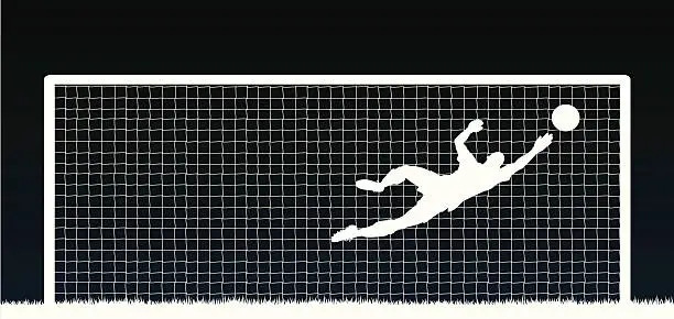 Vector illustration of White silhouette of a soccer player with ball and net