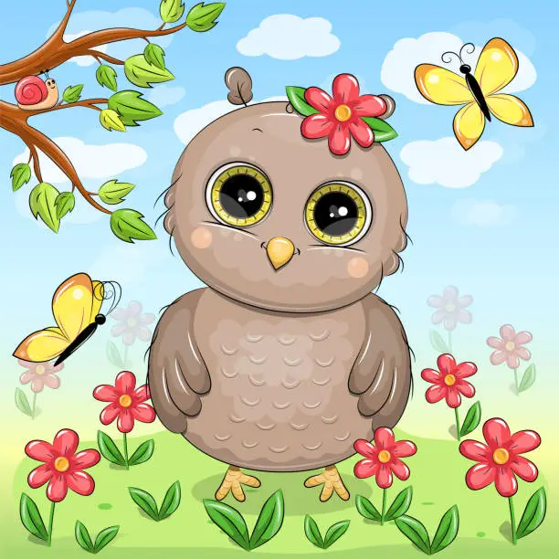 Vector illustration of Cute cartoon owl in nature.