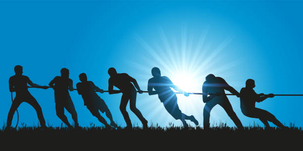 ilustrații de stoc cu simbol al lucrului în echipă cu un grup de șase bărbați care trag frânghie. - team building