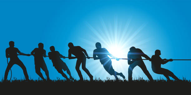 Symbol of teamwork with a group of six men pulling rope. Concept of fighting spirit with a group of men who join forces in tug of war, to beat their opponents. business battle stock illustrations