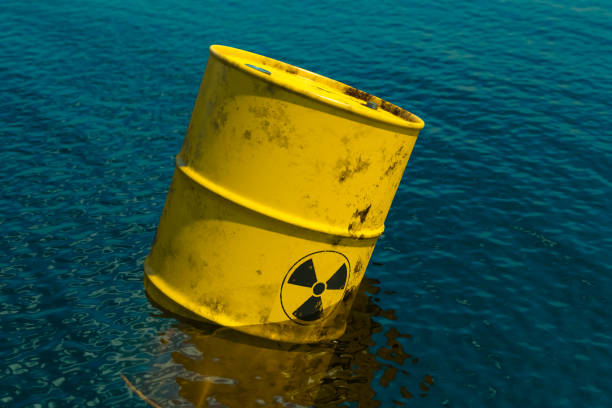 바다에 떠 있는 핵폐기물의 개념 이미지, 3d 렌더링 - pollution sea toxic waste garbage 뉴스 사진 이미지
