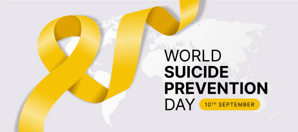 istock World Suicide prevention awareness day - Text and yellow ribbon awareness roll waving on world map texture background vector design 1503879015