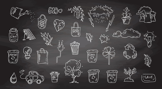 Set of ecology. Hand drawn design vector illustration on chalkboard background. Ecology problem, recycling and green energy icons in doodle style.