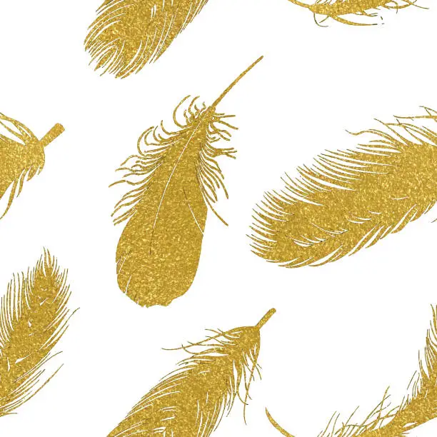 Vector illustration of Gold Feathers Seamless Pattern with White Background. Design Element for Greeting Cards and Wedding, Birthday and other Holiday and Summer Invitation Cards Background.