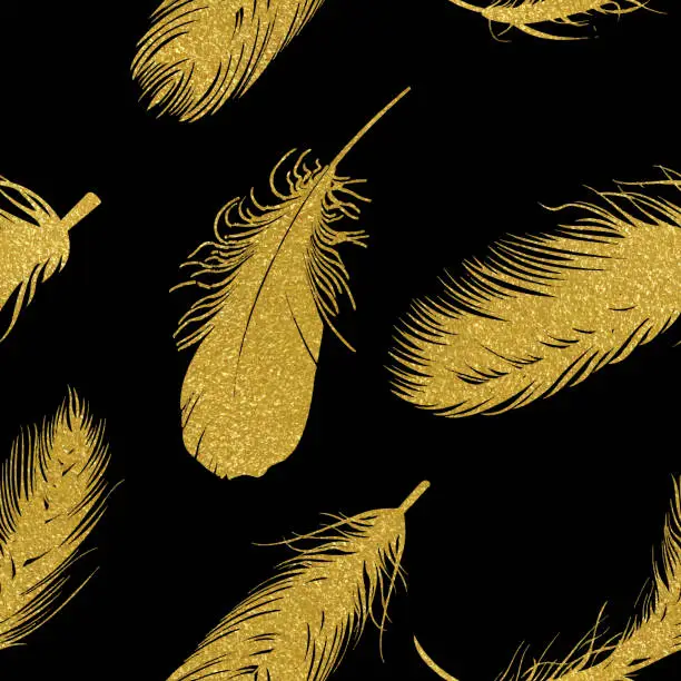 Vector illustration of Gold Feathers Seamless Pattern with Black  Background. Design Element for Greeting Cards and Wedding, Birthday and other Holiday and Summer Invitation Cards Background.