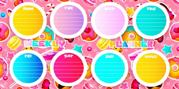 Vector illustration of Weekly to-do list concept in cartoon style. Weekly on abstract colorful seamless background with sweets and desserts. Creative stylish vector template.