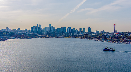 The Seattle, Washington skyline from above Lake Union
