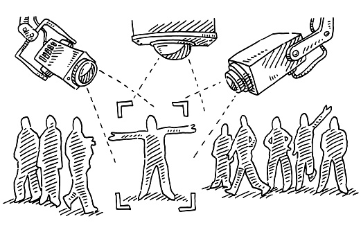 Hand-drawn vector drawing of a Public Surveillance Cameras Concept. Black-and-White sketch on a transparent background (.eps-file). Included files are EPS (v10) and Hi-Res JPG.