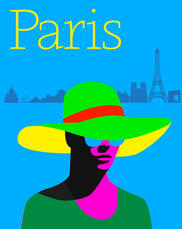 Retro styled Paris Themed Poster with woman in summer hat. Paris - France, France, Europe, Eiffel tower - Paris, Arc de Triomphe - Paris, Basilique Du Sacre Coeur - Montmarte de Paris, Notre Dame, Musee du Louvre, Opera Garnier,