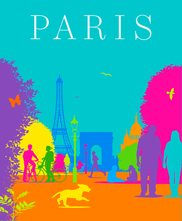 Retro styled Paris Themed Poster. Paris - France, France, Europe, Eiffel tower - Paris, Arc de Triomphe - Paris, Basilique Du Sacre Coeur - Montmarte de Paris, Notre Dame, Musee du Louvre, Opera Garnier,