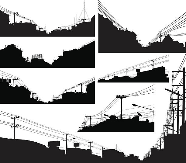 Urban foreground silhouettes Set of detailed editable vector silhouettes of urban streets telephone line illustrations stock illustrations