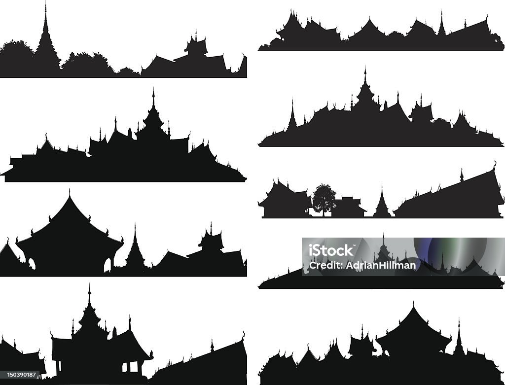 Temple foregrounds Set of editable vector silhouettes of Buddhist temple complexes. Hi-res jpeg file included. Thailand stock vector