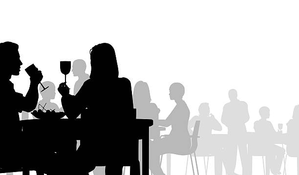 Diner Editable vector silhouette of people eating in a restaurant. Hi-res jpeg file included. busy restaurant tables stock illustrations