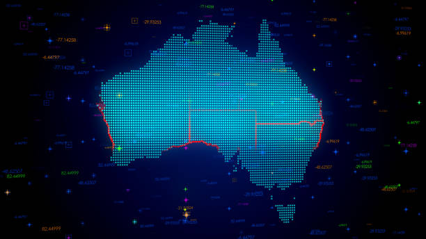 istock Futuristic Blue Colorful Shiny Digital Technology Hud Dots Mosaic Grid Australia Map Light Scanning With Numeric Tech Particles 1503904692