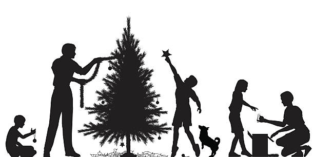 bildbanksillustrationer, clip art samt tecknat material och ikoner med christmas preparation - children tree christmas silhouette