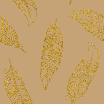 Gold Feathers Seamless Pattern. Design Element for Greeting Cards and Wedding, Birthday and other Holiday and Summer Invitation Cards Background.