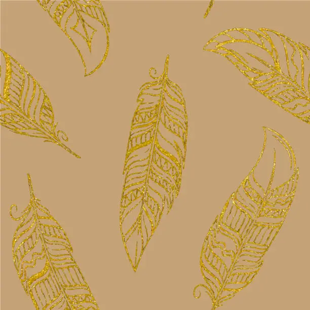 Vector illustration of Gold Feathers Seamless Pattern. Design Element for Greeting Cards and Wedding, Birthday and other Holiday and Summer Invitation Cards Background.