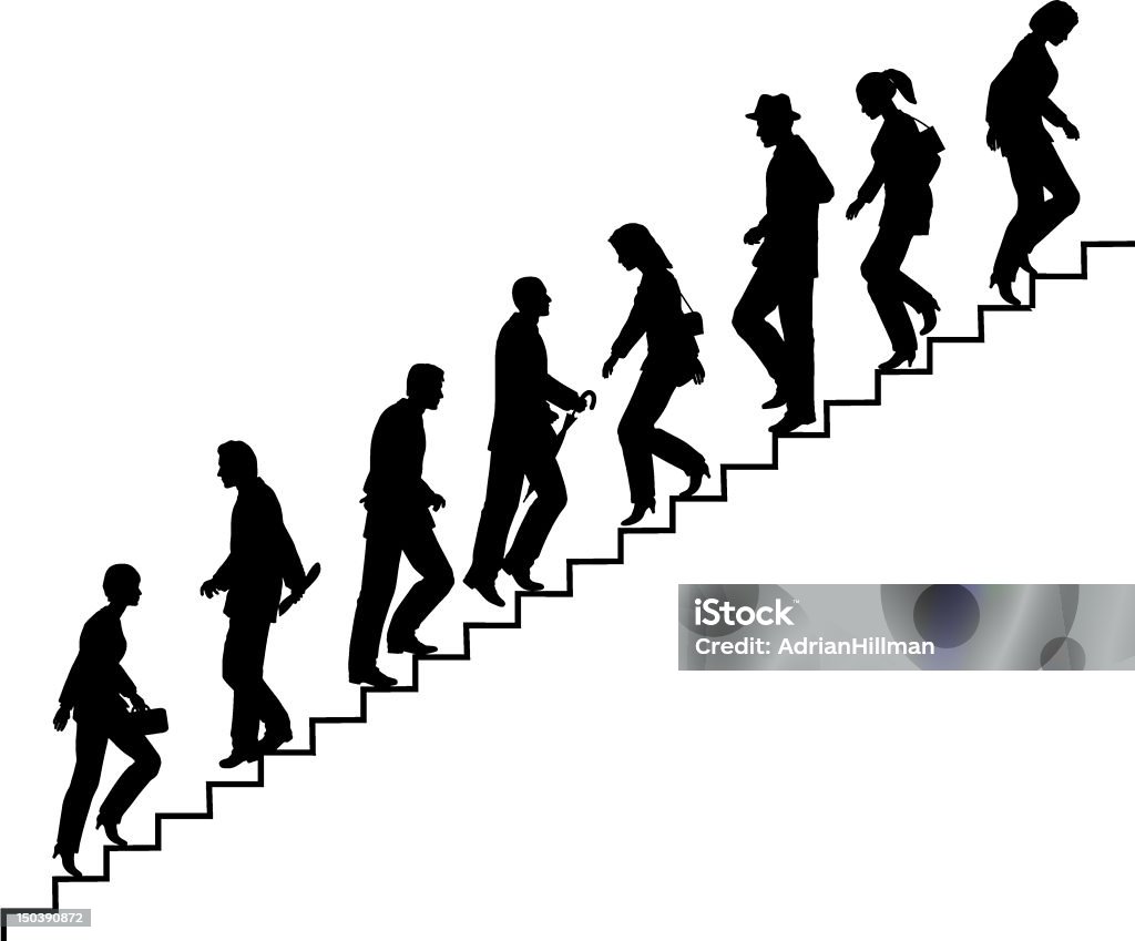 Stair walkers Editable vector silhouette of people on stairs with all elements as separate objects. hi-res jpeg file included. Staircase stock vector