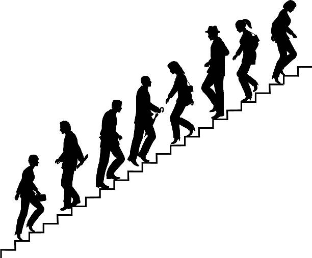 Stair walkers Editable vector silhouette of people on stairs with all elements as separate objects. hi-res jpeg file included. steps and staircases stock illustrations