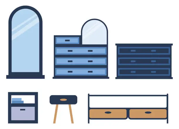 Vector illustration of Set with furniture. Storage systems. In blue. Flat vector illustration