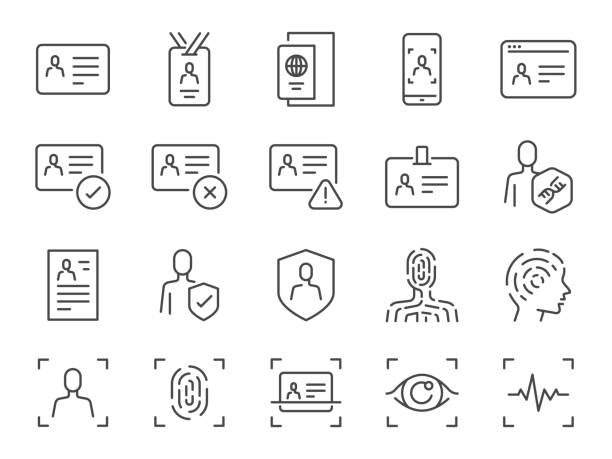 id アイコン セット。idカード、パスポート、運転免許証、承認などのアイコンが含まれていました。編集可能なベクターストローク。 - fingerprint identity id card biometrics点のイラスト素材／クリップアート素材／マンガ素材／アイコン素材