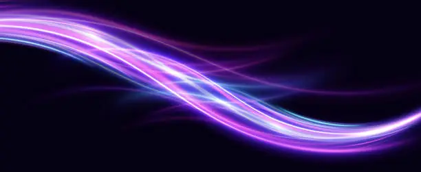 Vector illustration of Blue, purple, neon multicolored glowing swirl. The effect of moving at the speed of light. Easy trail. Shiny wavy path. Vector.