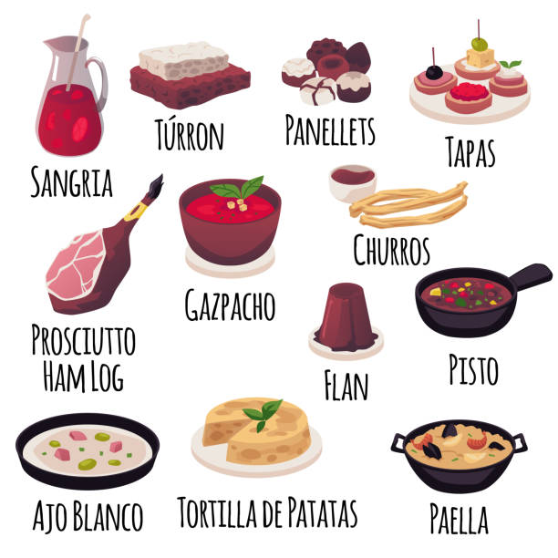 ilustraciones, imágenes clip art, dibujos animados e iconos de stock de vector conjunto de dibujos animados ilustración de la cocina nacional española. paella, panellets, sangría y otros son comida tradicional española con títulos - spanish cuisine