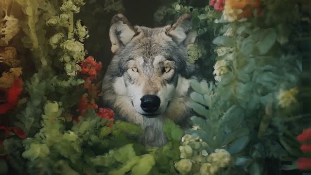 Up to 4K resolution, Beautiful flowers and wolves, 3D Point cloud animation, render in Blender