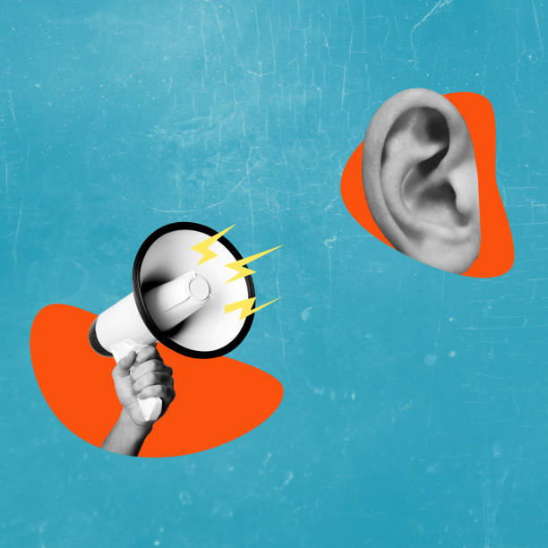 Art collage, hands holding megaphone loudspeaker fake news text broadcasting ear listening propaganda. Art collage, hands holding megaphone loudspeaker fake news text broadcasting ear listening propaganda. The concept of propaganda and news. megaphone in ear photos stock pictures, royalty-free photos & images