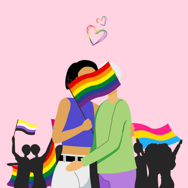 ilustraciones, imágenes clip art, dibujos animados e iconos de stock de personas con banderas lgbtq durante el mes del orgullo y apoyan la igualdad y los derechos - rainbow gay pride homosexual homosexual couple