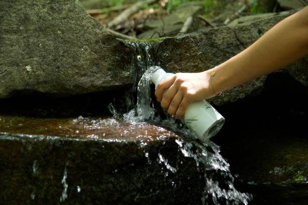 Girl fill water bottle by mountain spring during summer walk in nature