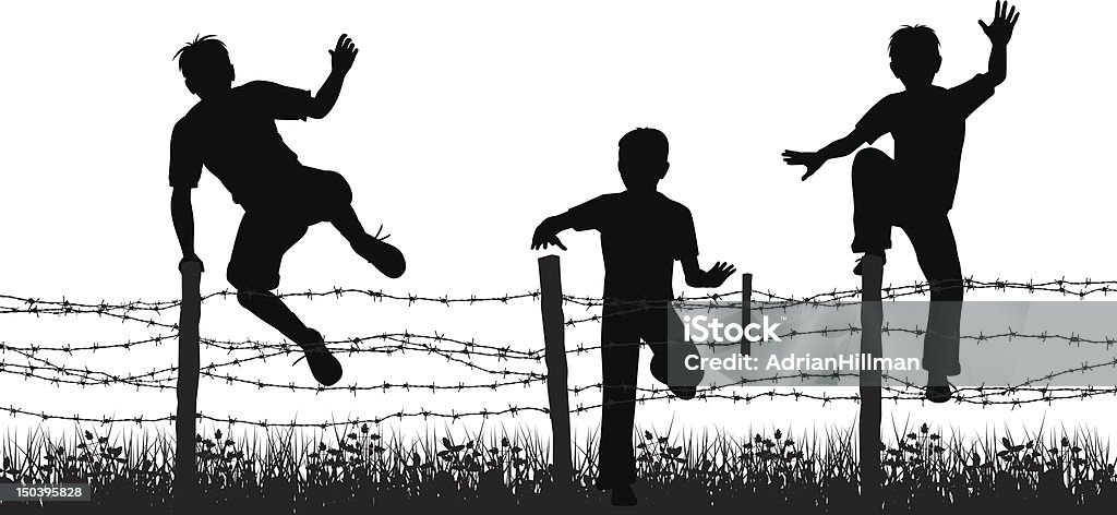Fence boys Editable vector silhouettes of three boys jumping over a barbed wire fence with boys, fence and grass as separate objects Child stock vector