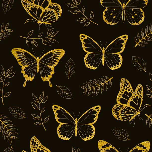 Vector illustration of Gold Monarch Butterflies and Leaves Seamless Pattern with Black Background. Design Element for Greeting and Invitation Card Designs. Sparkling Butterfly with Gold Texture.