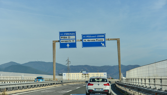 Rome, Italy - Oct 18, 2018. Vehicles run on highway in Rome, Italy. The total length of Autostrade (highway in Italy) is about 6,758 kilometres.