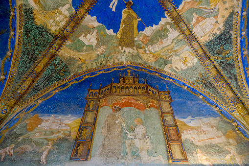 blue painted ceiling, interior of the Castle Torrechiara in Langhirano, Italy