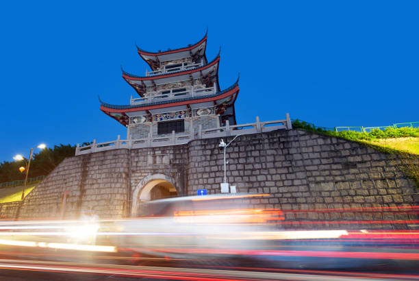Night view of ancient city towers, Chaozhou, Guangdong, China.