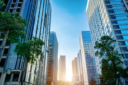 Modern skyscrapers in the business district, Xiamen, China.