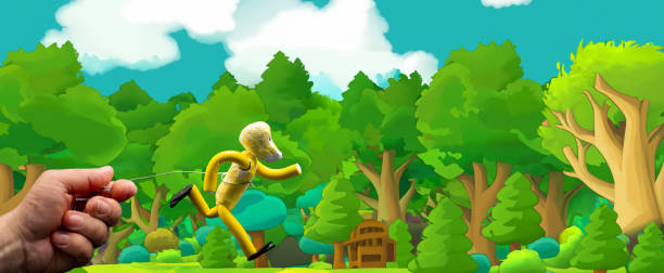 Man's hand holding with aluminum wire a figure created with modeling paste for the process of running stopmotion with a drawn background of a green forest. The 12 principles of animation.