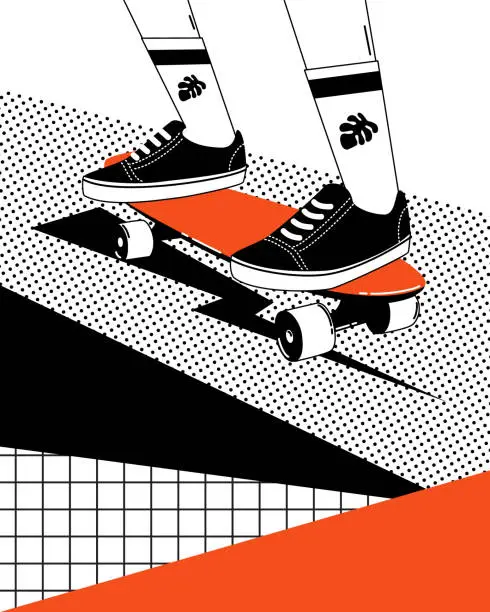 Vector illustration of Legs in the sneakers on skateboard.