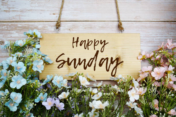 istock Happy Sunday text message with flowers on wooden background 1503989719