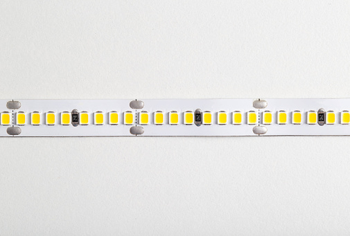 Superbright diode tape on a white background, lighting. Close-up