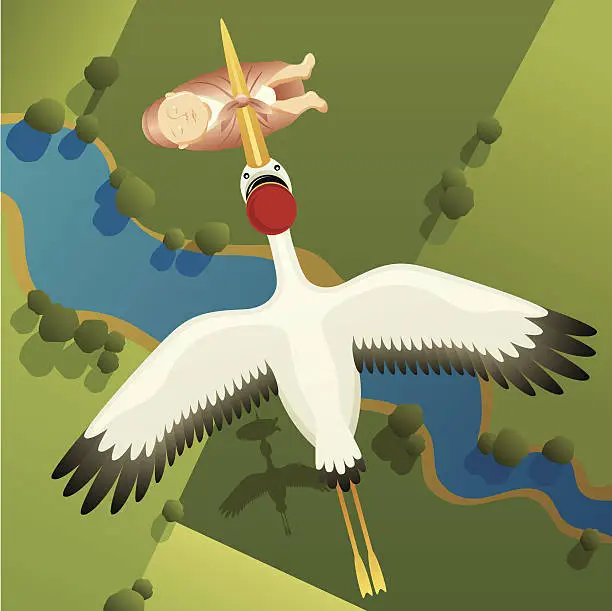 Vector illustration of Stork Carrying Baby Girl