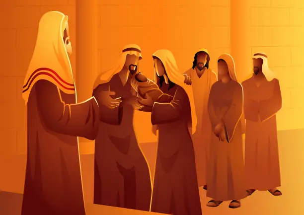 Vector illustration of Mary and Joseph took the Infant Jesus to the Temple in Jerusalem