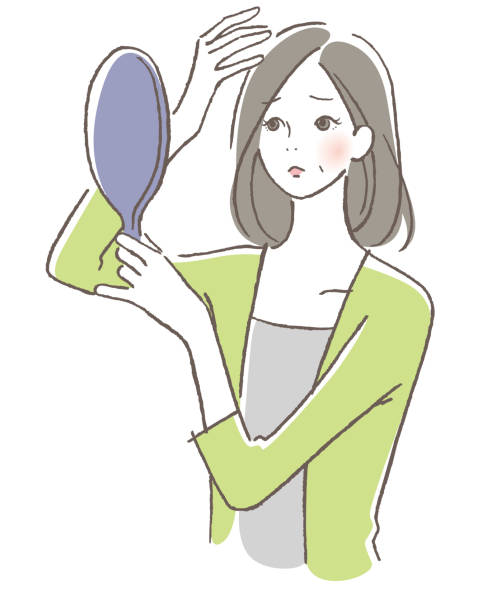 A woman who cares about gray hair A woman who cares about gray hair woman mirror stock illustrations