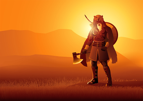 Viking berserker wearing bear skin holding an axe on beautiful landscape, vector illustration